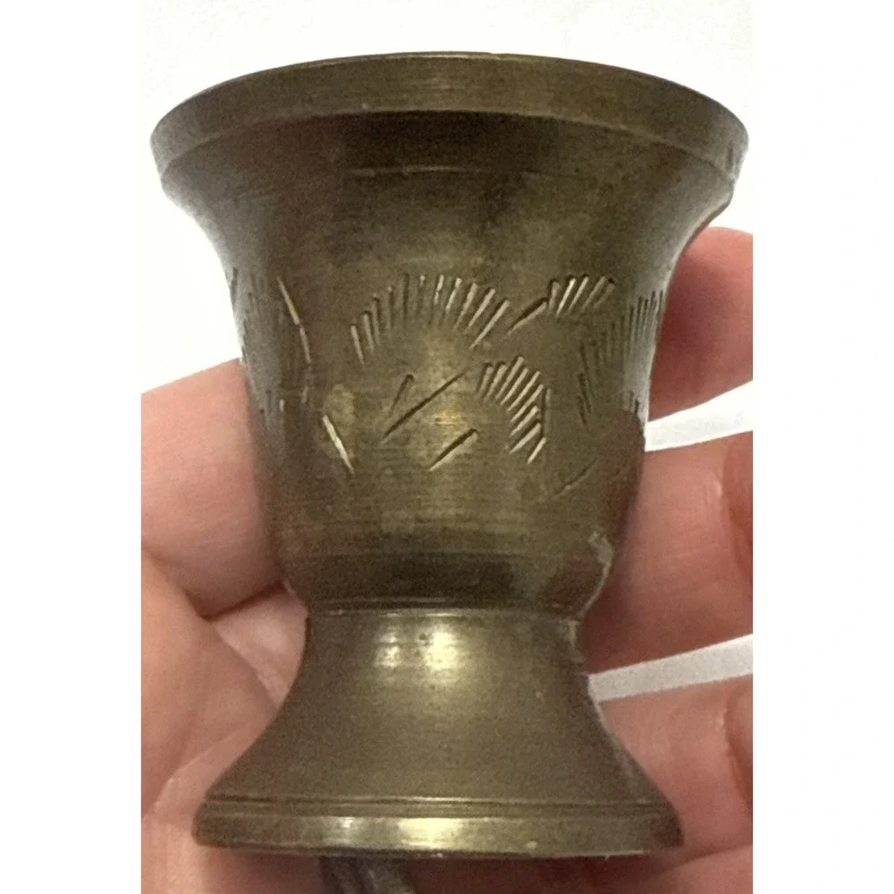 Vtg Etched Small Brass Cup/Apothecary Mortar/Ceremonial Chalice-India-2 1/8
